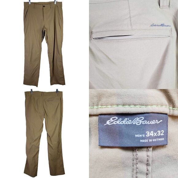 Eddie Bauer Pants Mens Size 34x32 Tan Khaki Straight Leg Hiking Camping Stretch - Picture 1 of 9